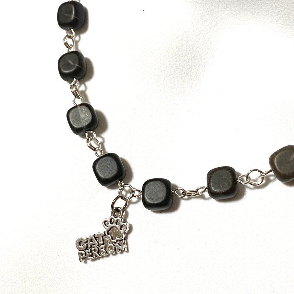 Genuine Black Agate Short Necklace, Gemstone Cube & Cat Person Paw Print Pendant